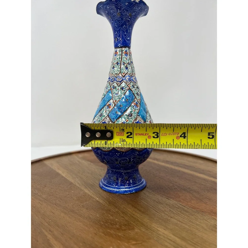 Hand Painted Enamel Vase Blue Floral‎ Pattern Decorative Tabletop Accent